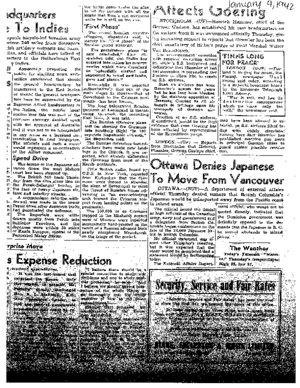 Facsimile: Ottawa Denies Japanese to Move from Vancouver